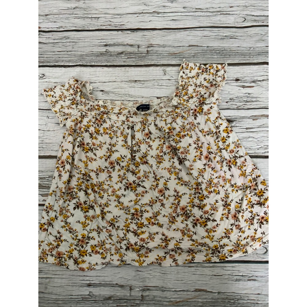 American Eagle Floral Smocked Square Neck Top White Yellow Boho Small‎